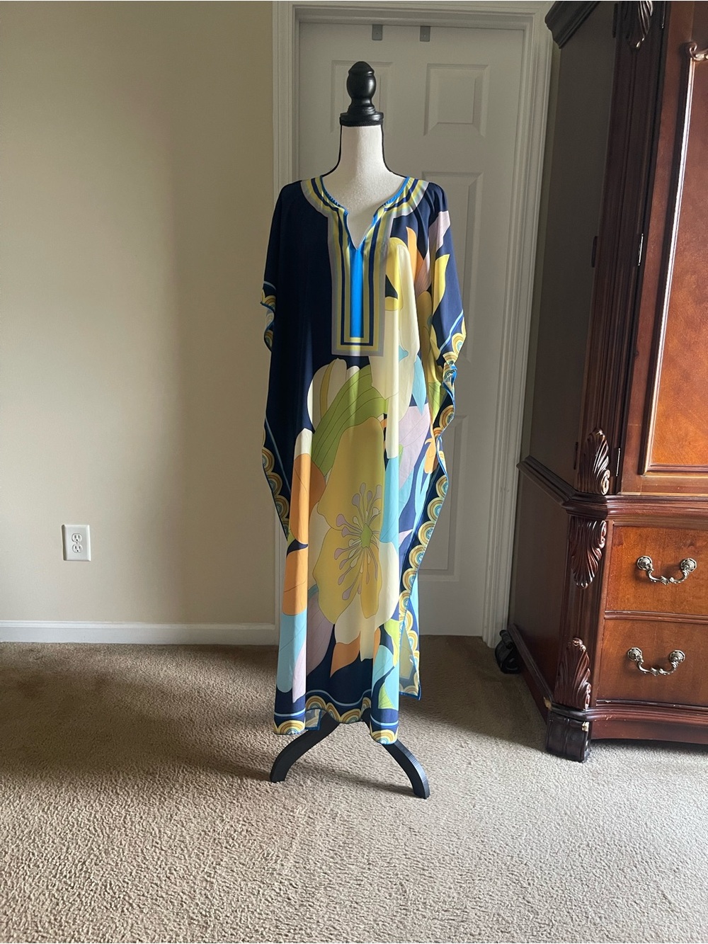Colorful Floral Kaftan Tunic - Navy, Yellow, Green - Picture 2 of 16